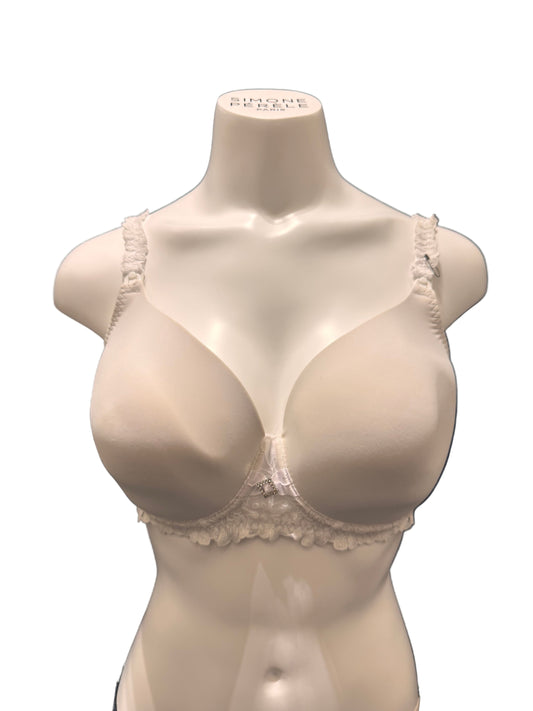 White bra with lace details on a mannequin against a dark background