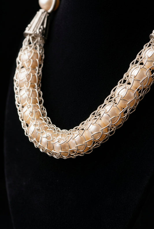 Viking knit Necklace & Earrings Set With Fresh Water Pearls