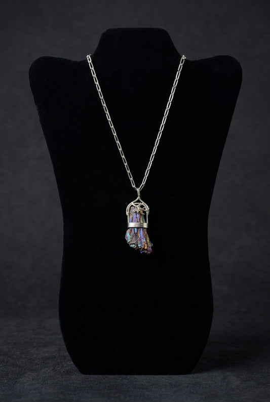 Handcrafted Hammered Sterling Silver Chain with Aqua Crystal
