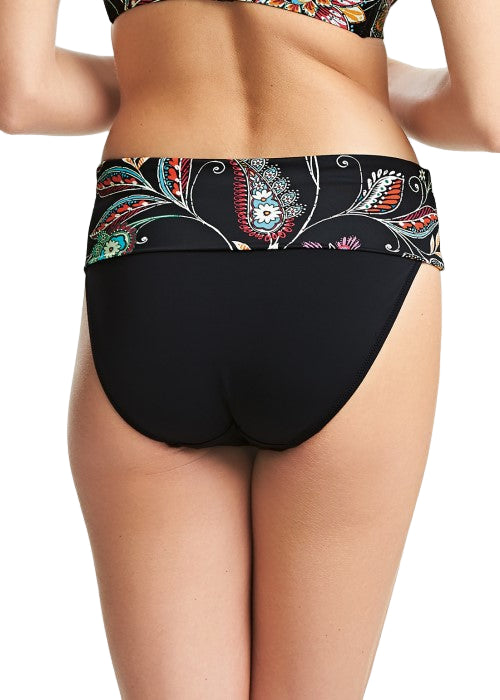 Black bikini bottom with colorful patterned waistband on a white background