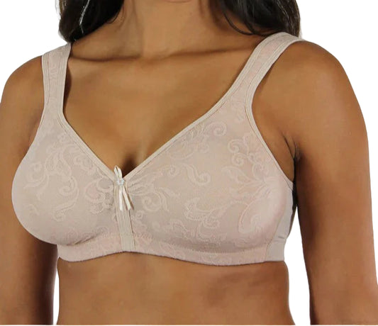 Beige bra with lace details on a white background