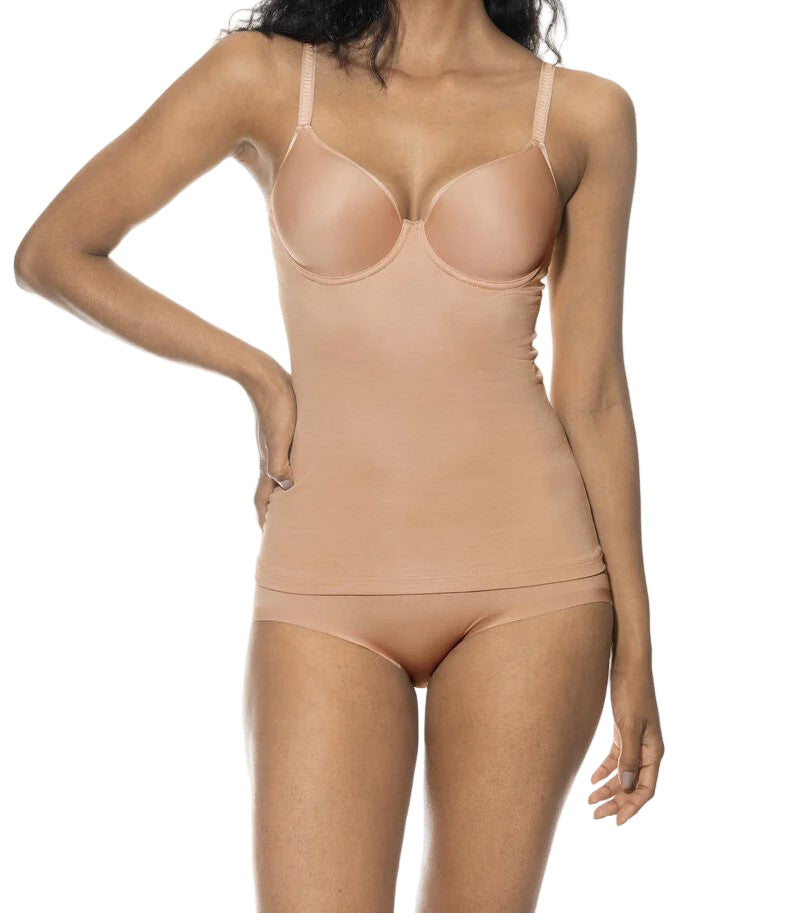 Beige shapewear with a bra and panties set on a white background