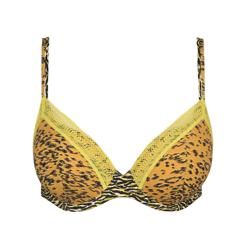 Yellow bra with leopard print trim on a white background
