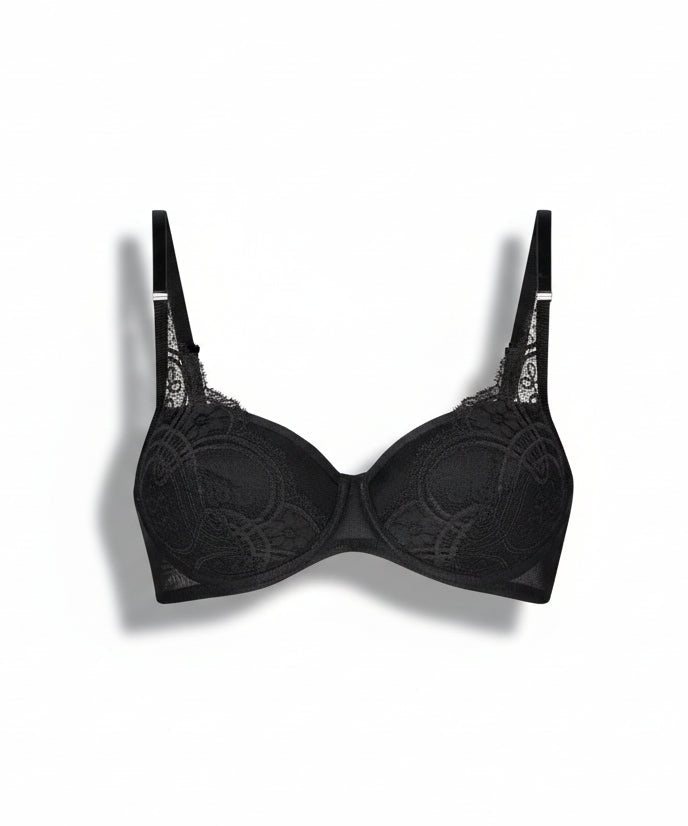 Black bra with lace detailing on a white background