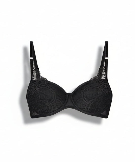 Black bra with lace detailing on a white background