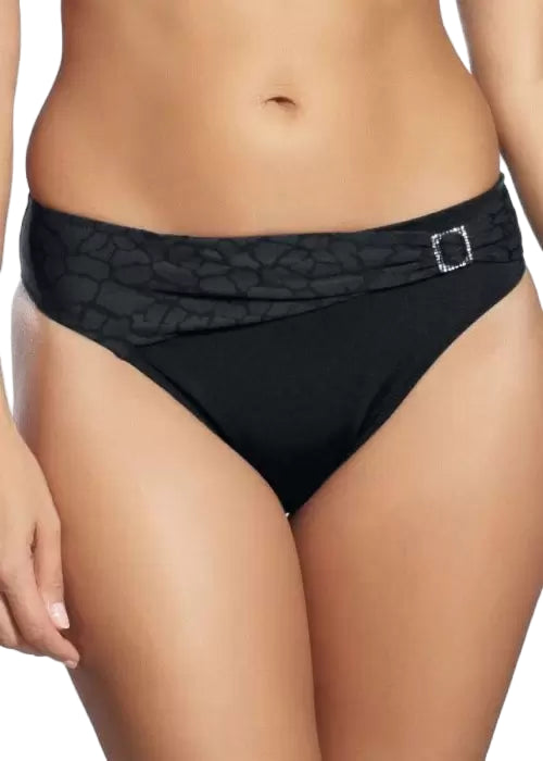 Black bikini bottom with a decorative buckle on a white background
