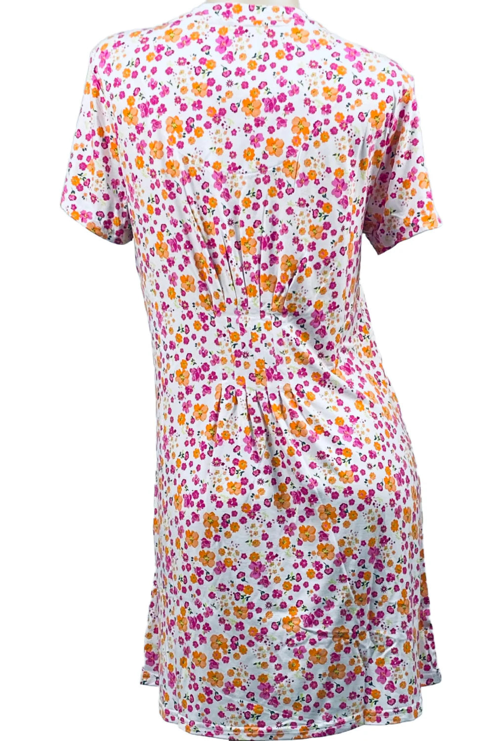 Floral dress with pink, orange, and purple flowers on a white background