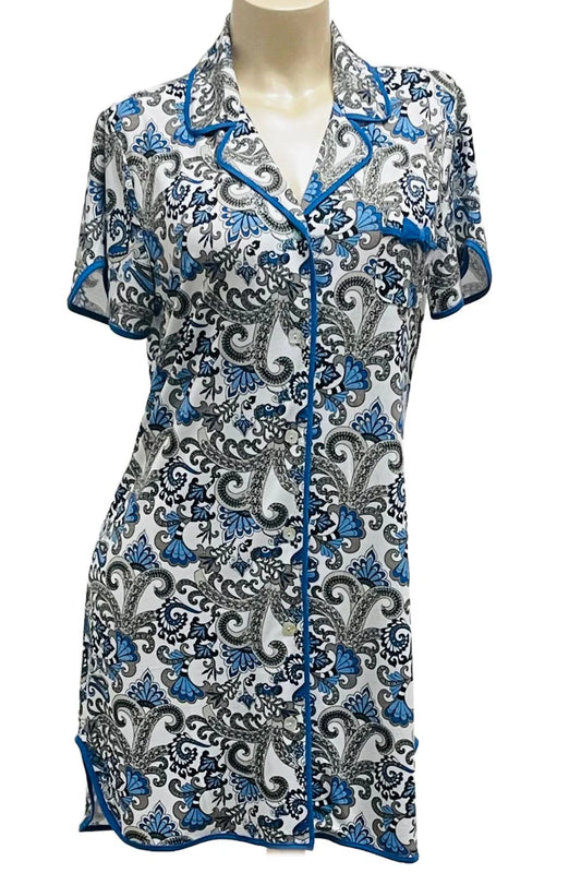 Patterned shirt on a mannequin against a white background