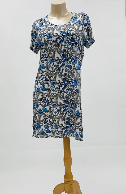 Dress with blue and gray floral pattern on a mannequin against a white background