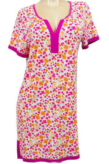 Floral patterned nightshirt with pink trim on a white background