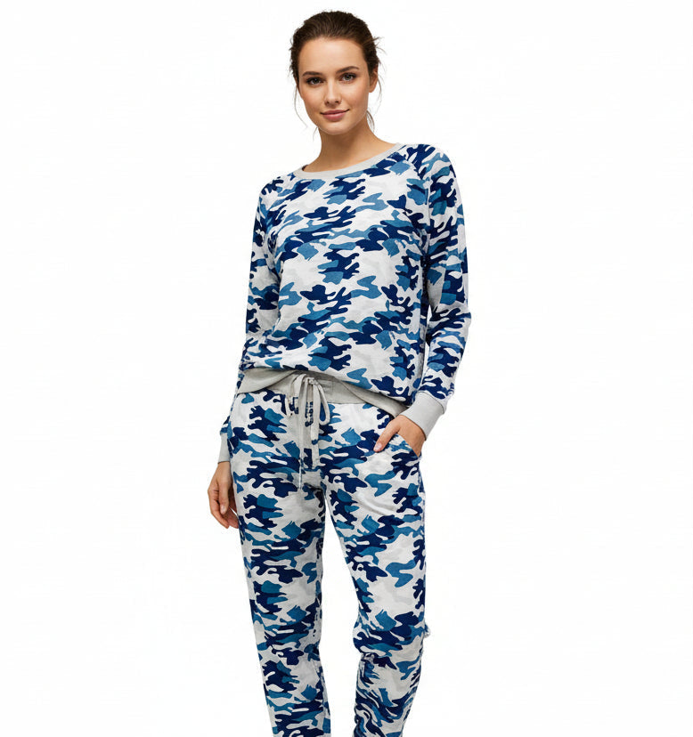 Blue and white camouflage long-sleeve top and pants on a mannequin against a white background