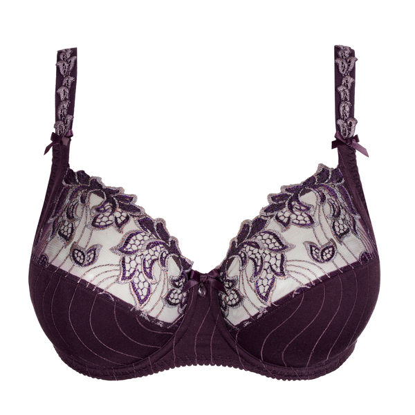 Purple bra with floral lace details on a white background