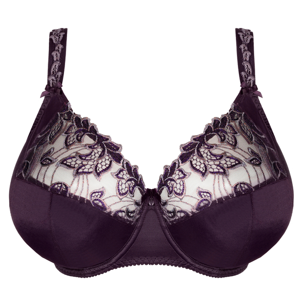 Purple bra with lace detailing on a white background