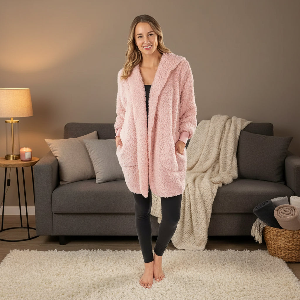 Woman wearing a pink fluffy cardigan on a white background