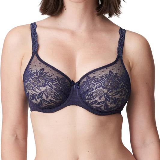 Navy blue lace bra on a plain background