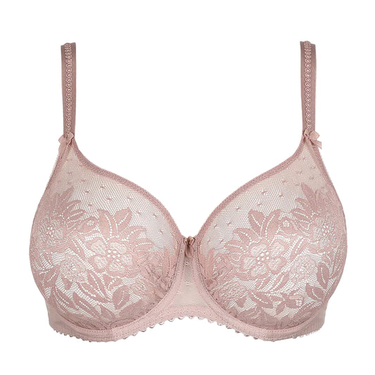 Pink lace bra on a white background