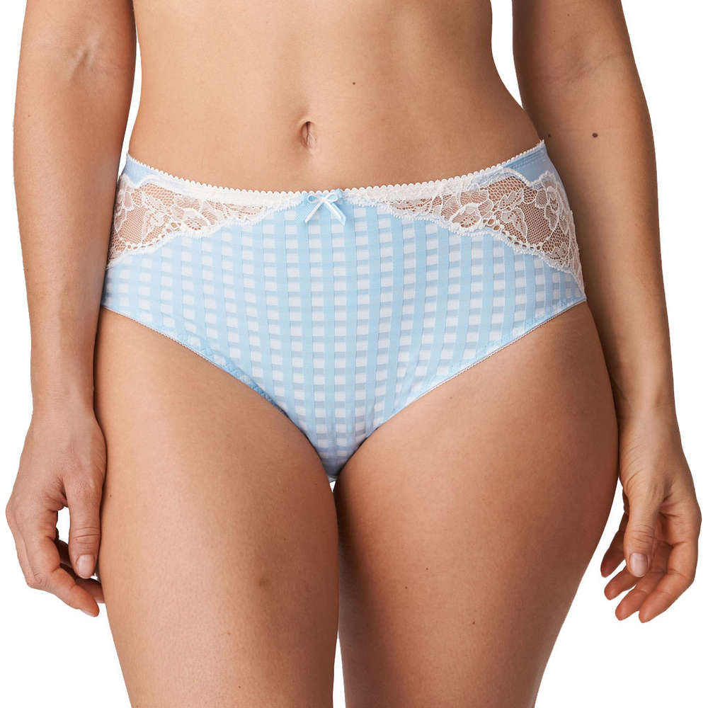 Light blue checkered underwear with lace trim on a white background