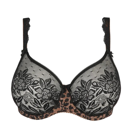 Black lace bra with floral patterns on a white background