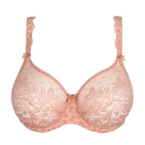 Pink lace bra on a white background