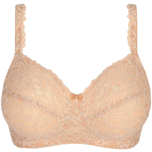 Beige lace bra on a white background
