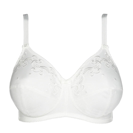 White bra with floral embroidery on a white background