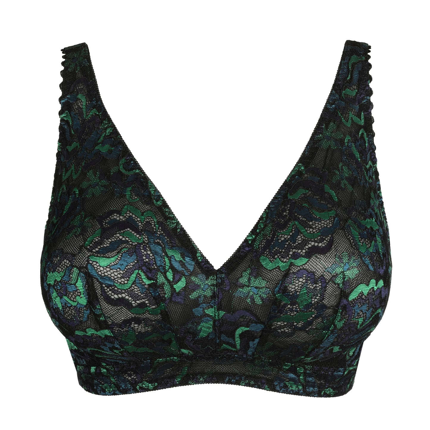 Black lace bra with green floral pattern on a white background