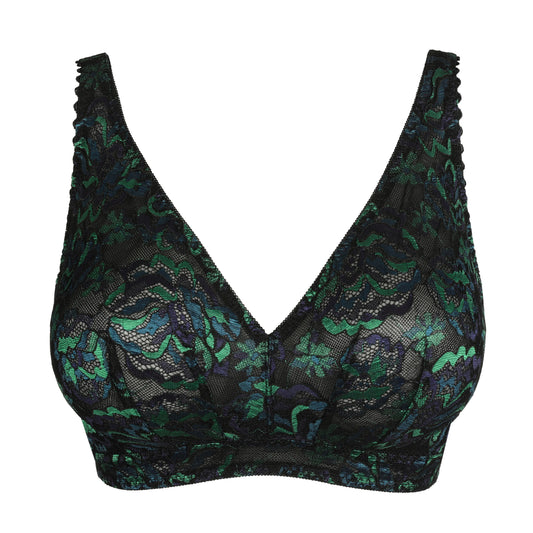 Black lace bra with green floral pattern on a white background