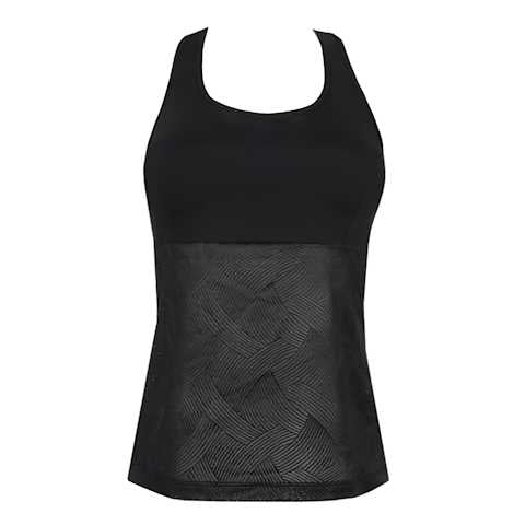 Black tank top with geometric pattern on a white background