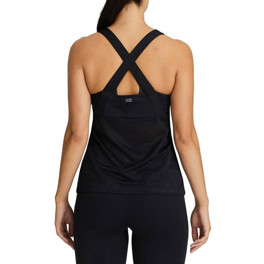 Black tank top with criss-cross back design on a gray background