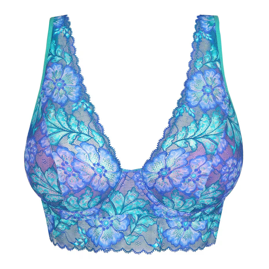 Blue floral lace bra on a white background