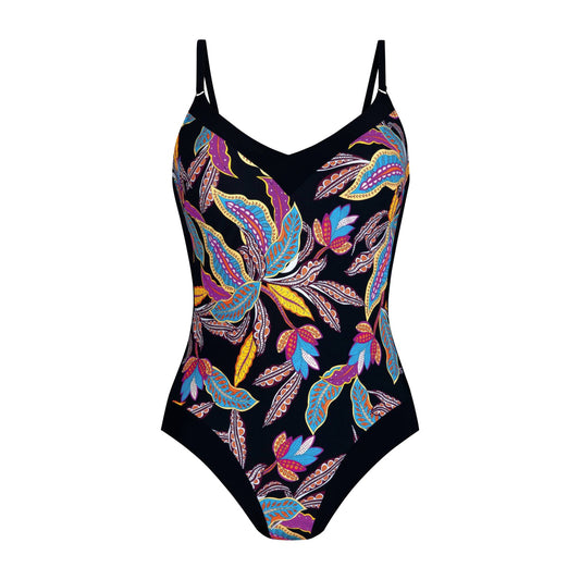 Colorful floral-patterned swimsuit on a white background
