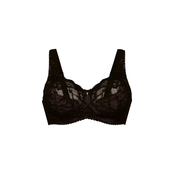 Black lace bra on a white background