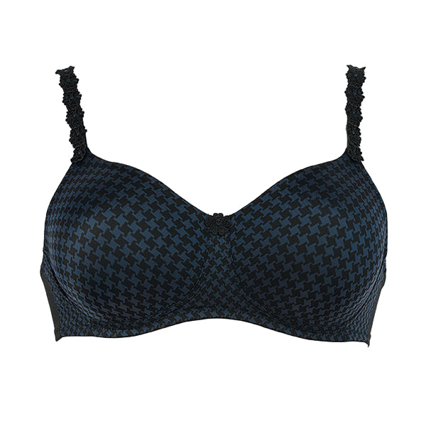 Black and blue patterned bra on a white background