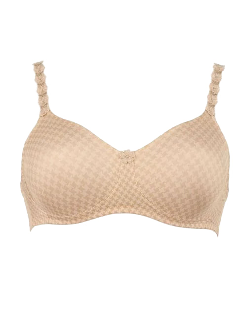 Beige bralette with textured pattern and tied straps on a white background
