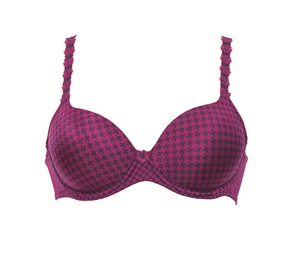Purple patterned bra on a white background