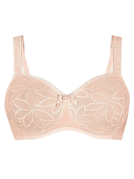 Pink bra with lace details on a white background