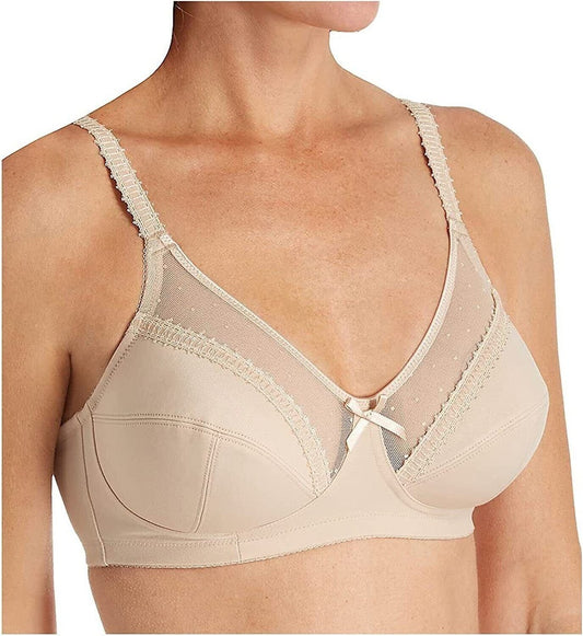 Beige bra with lace details on a white background