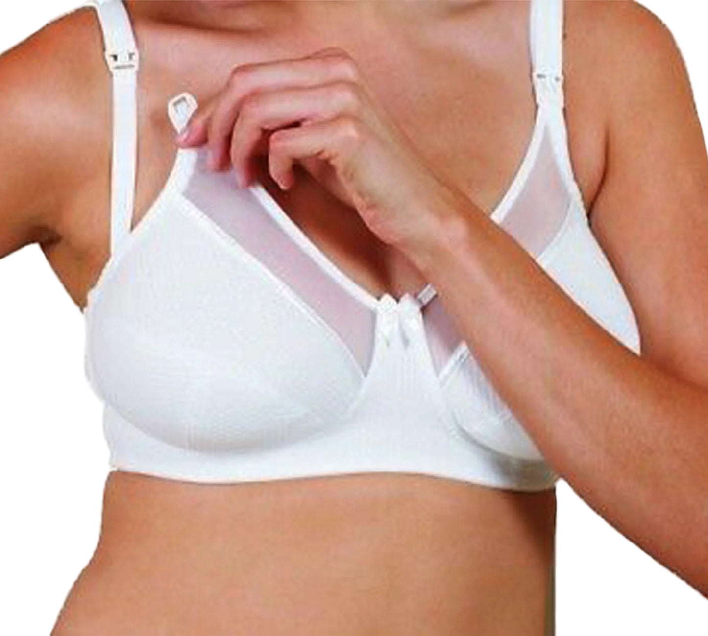 White bra worn by a person on a white background