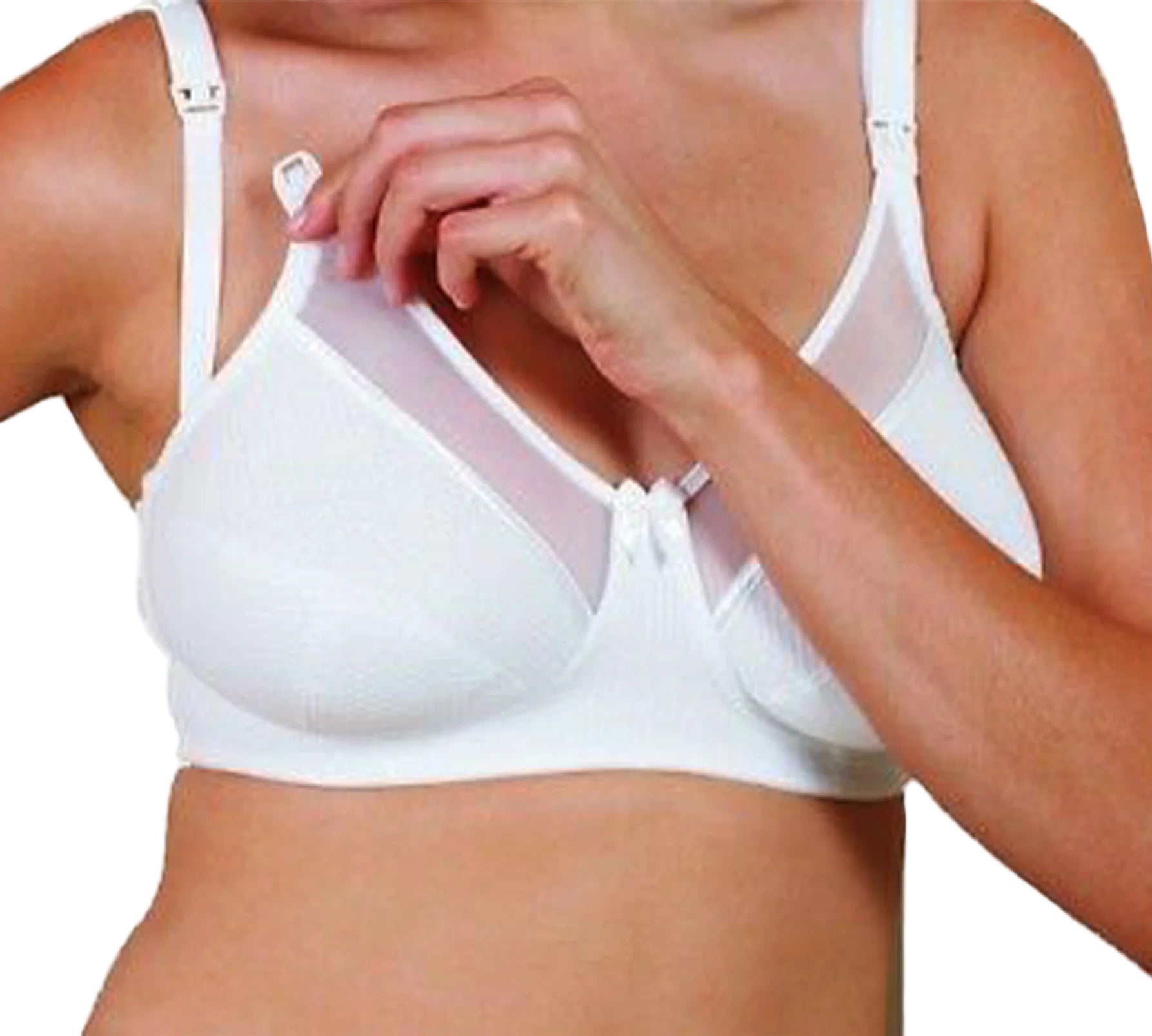 White bra worn by a person on a white background