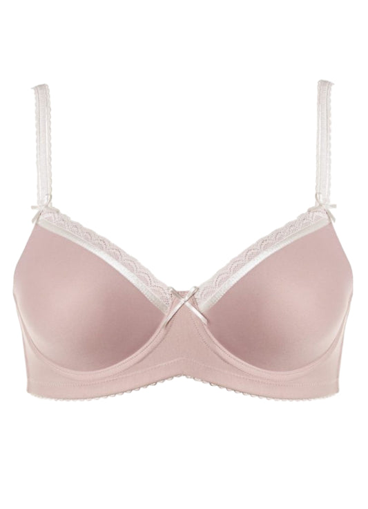 Pink bra with lace trim on a white background