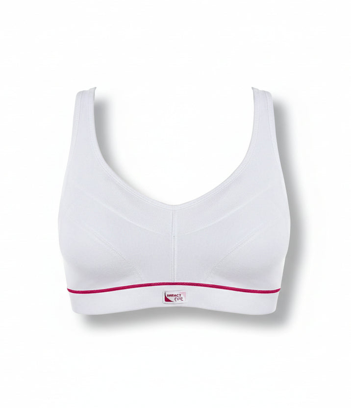 White bra with red trim on a white background