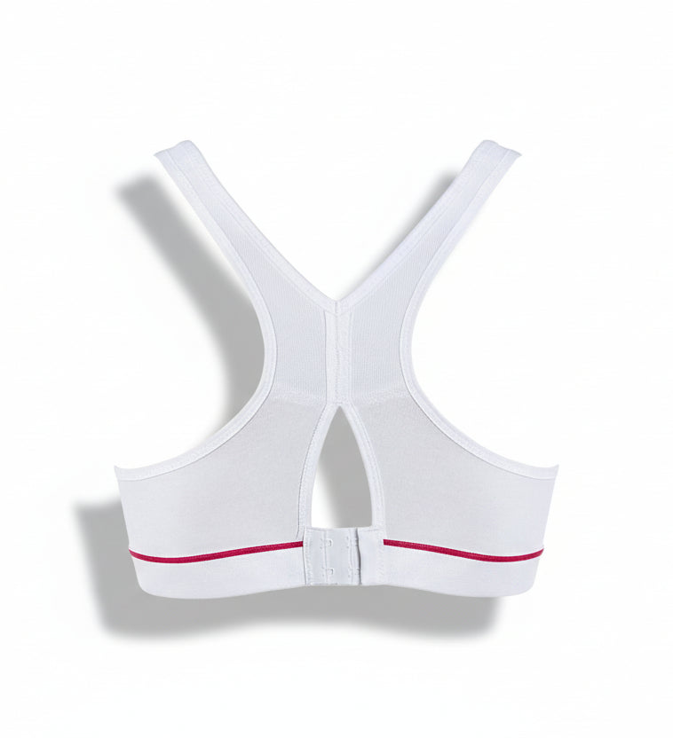 White sports bra with pink accents on a white background