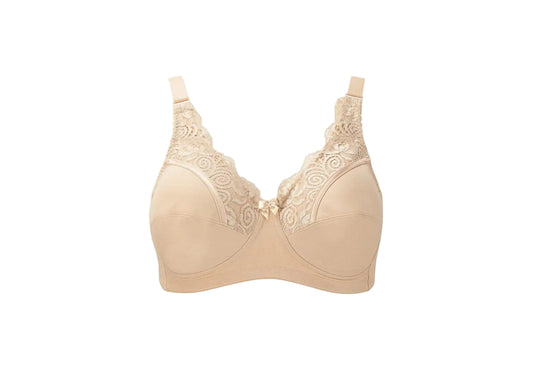 Beige bra with lace details on a white background