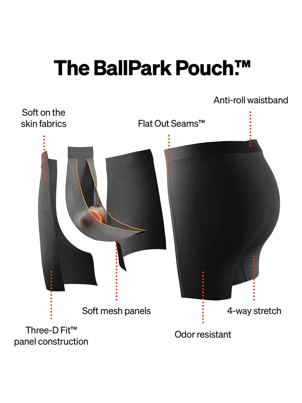 Diagram of 'The BallPark Pouch' with features labeled on a white background