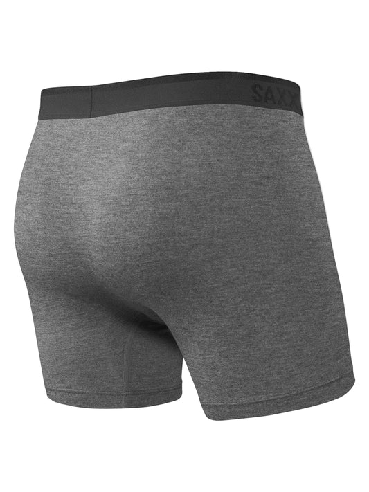 Gray boxer briefs with black waistband on a white background