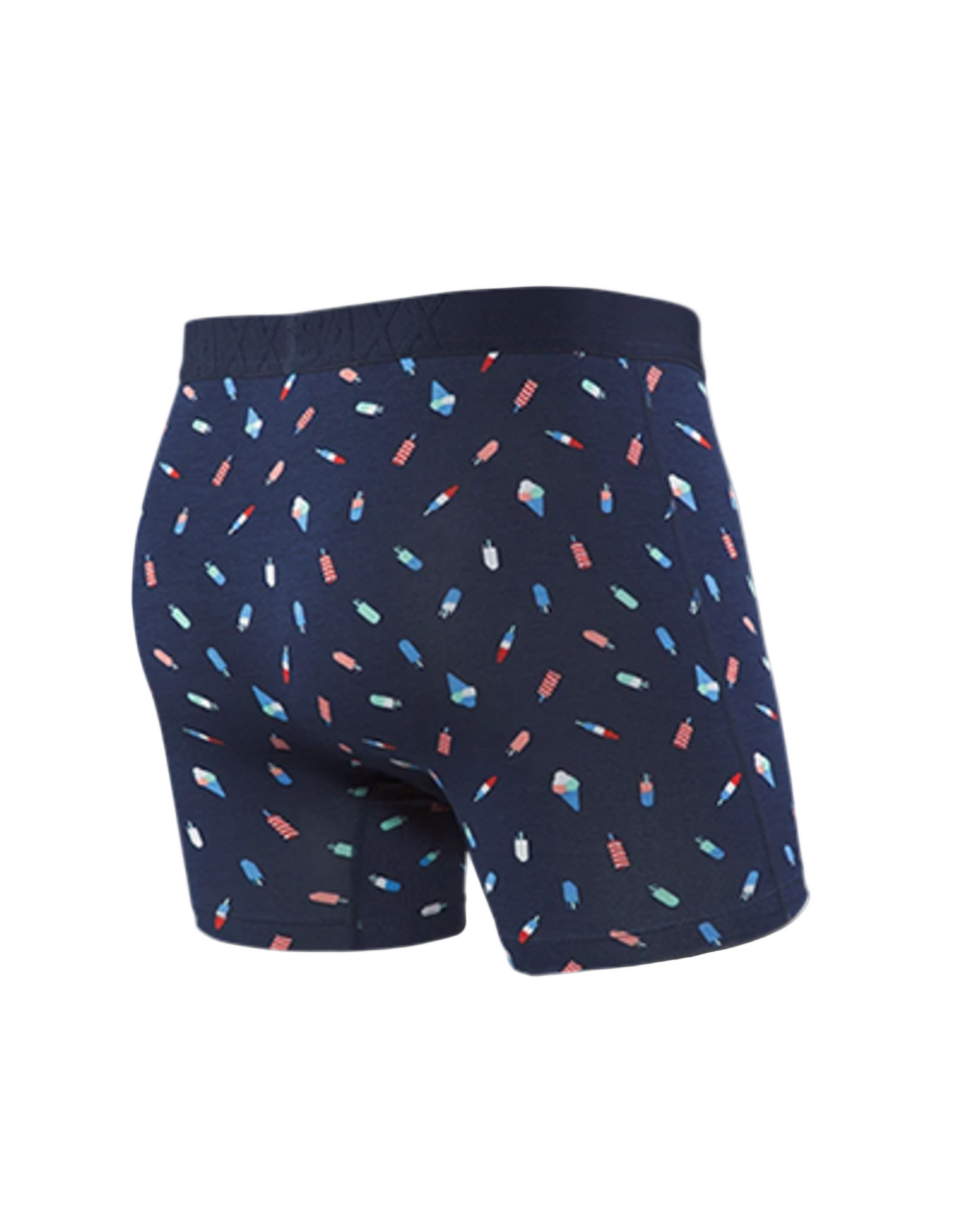 Navy blue boxer briefs with colorful pattern on a white background