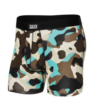 Camouflage-patterned boxer briefs with 'SAXX' branding on a white background