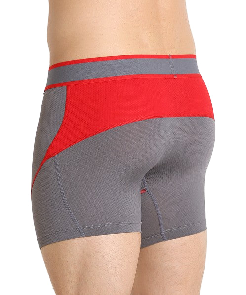 Gray and red boxer briefs on a plain background