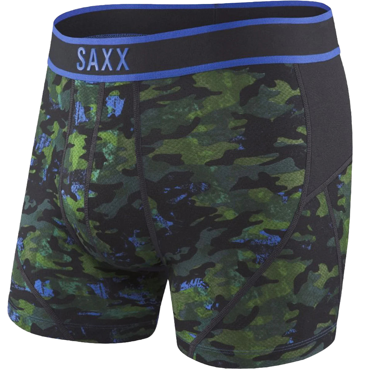 Camouflage-patterned boxer briefs with blue waistband and SAXX branding on a white background