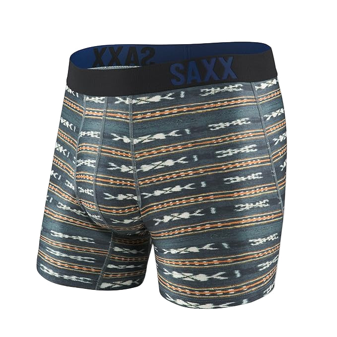 Patterned boxer briefs with SAXX branding on a white background